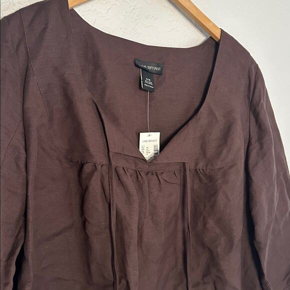 NEW Lane Bryant Chocolate Brown Linen Top 14/16 Fall V Neck Tie 3/4 Sleeve - Picture 5 of 9